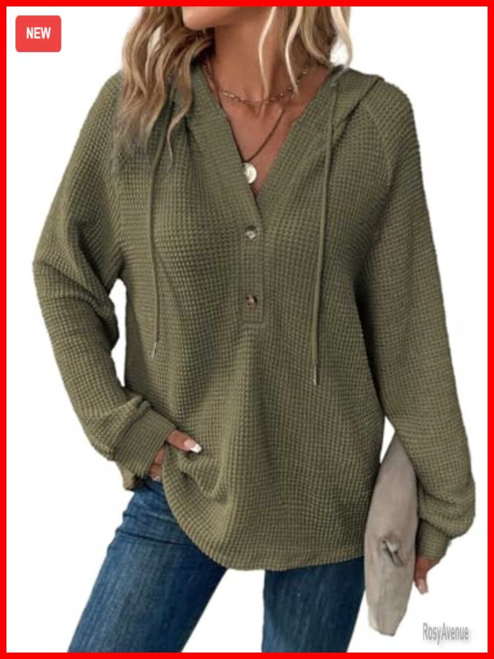 Waffle Knit Button V Neck Hoodie Sweatshirt Oversized Pullover